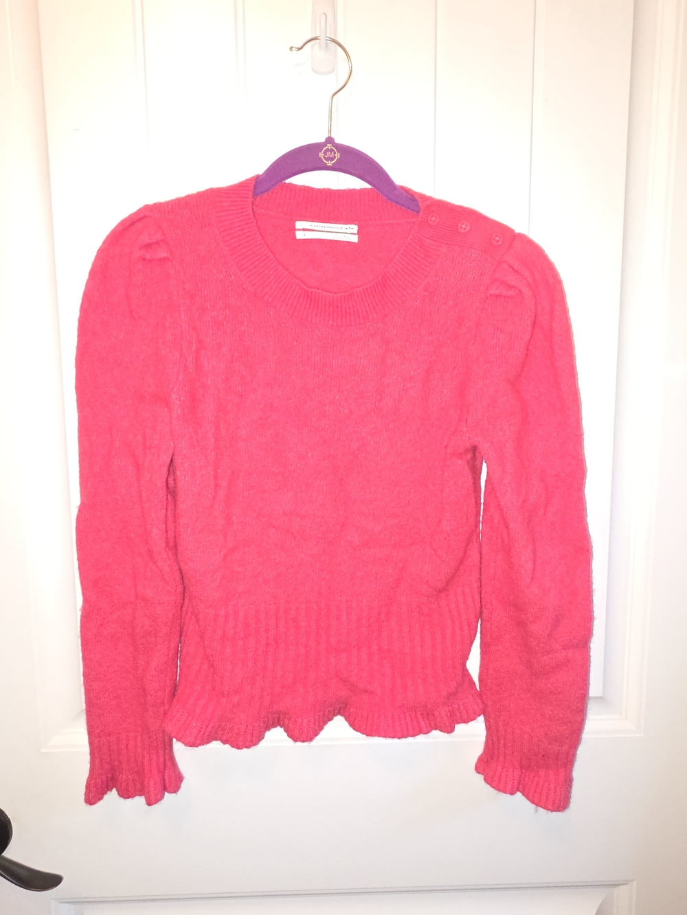 Anthropologie Bright Red Puff-Sleeve Crewneck Sweater